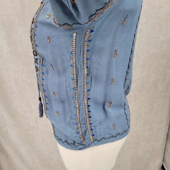 Raga Peasant Phoenix Blouse Beaded Blue Women's Size Large Viscose - Picture 4 of 12